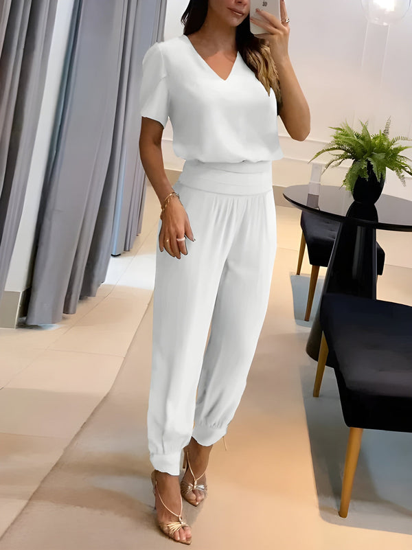Tvädelat Set Dam | V-Ringad Mönstrad Topp & Byxa | Avslappnad Sommarlook | Polyester