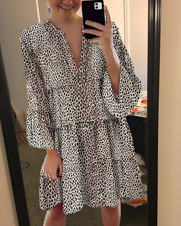 Klänning Dam | Knälång Leopardmönstrad | Puffärmar & V-ringning | Polyester