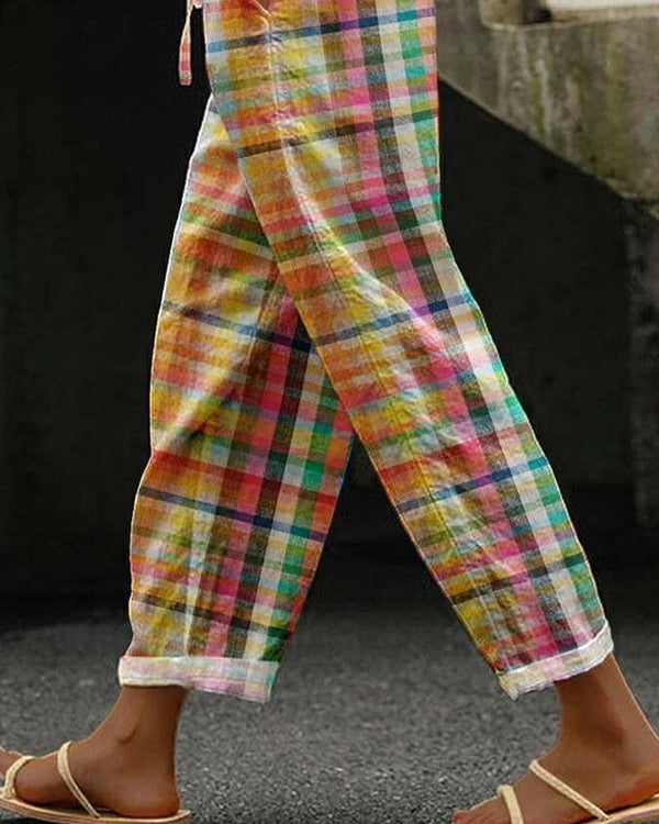 Vintagebyxa Dam | Rutigt Mönster | Bekväm Passform | Mellanhög Midja | Polyester