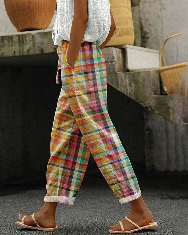 Vintagebyxa Dam | Rutigt Mönster | Bekväm Passform | Mellanhög Midja | Polyester