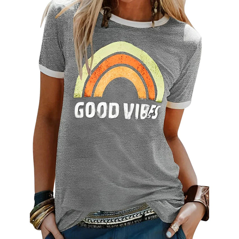 T-shirt Dam | Good Vibes Regnbågstryck | Rund Hals & Korta Ärmar | Polyester
