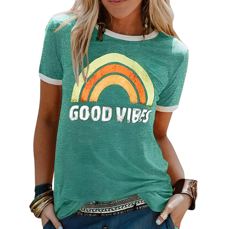 T-shirt Dam | Good Vibes Regnbågstryck | Rund Hals & Korta Ärmar | Polyester