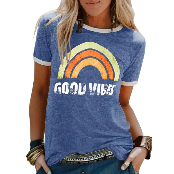 T-shirt Dam | Good Vibes Regnbågstryck | Rund Hals & Korta Ärmar | Polyester