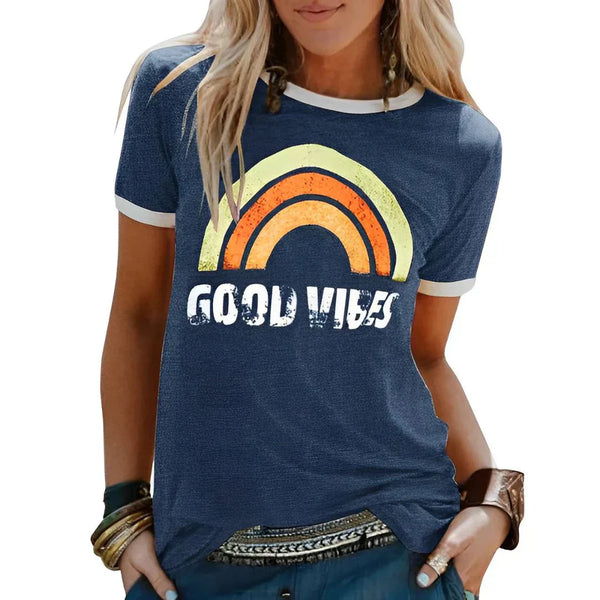 T-shirt Dam | Good Vibes Regnbågstryck | Rund Hals & Korta Ärmar | Polyester