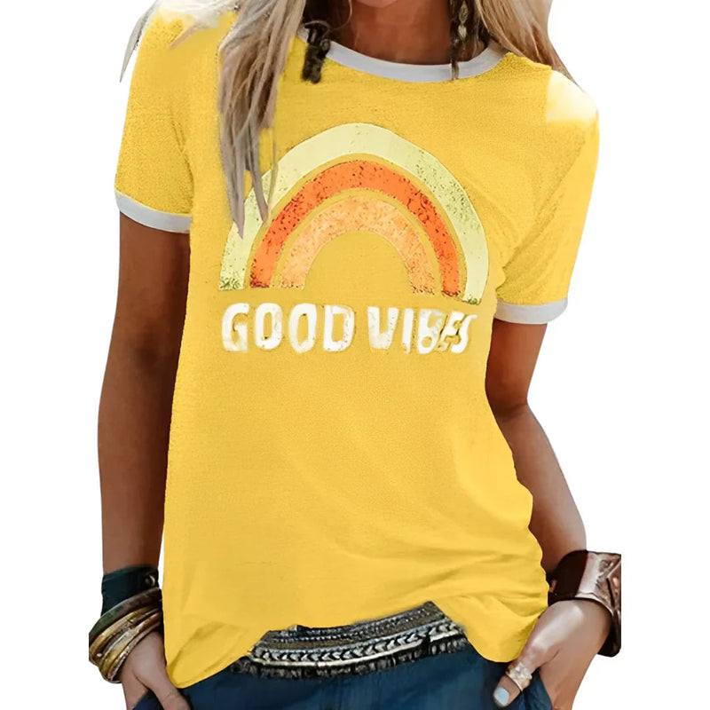 T-shirt Dam | Good Vibes Regnbågsprint | Rund Hals & Korta Ärmar | Polyester