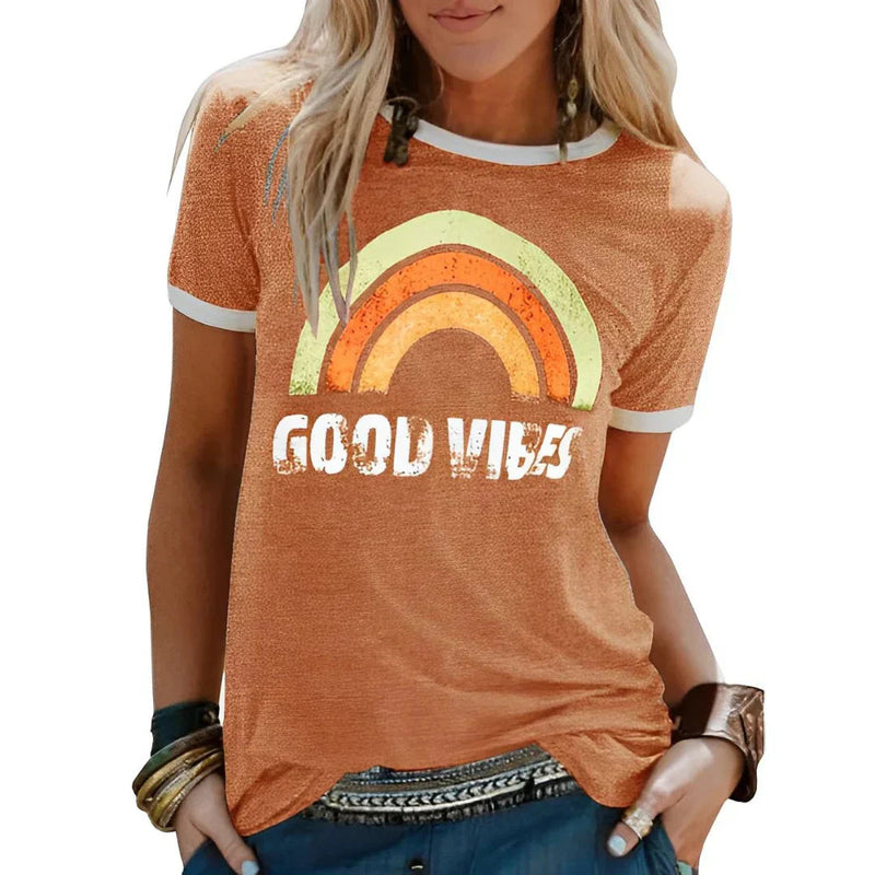 T-shirt Dam | Good Vibes Regnbågsprint | Rund Hals & Korta Ärmar | Polyester