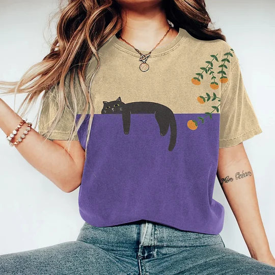 T-shirt Dam | Kreativt Kattmotiv | Abstrakt Vintage-Stil | Bekväm Passform | Året-runt Plagg