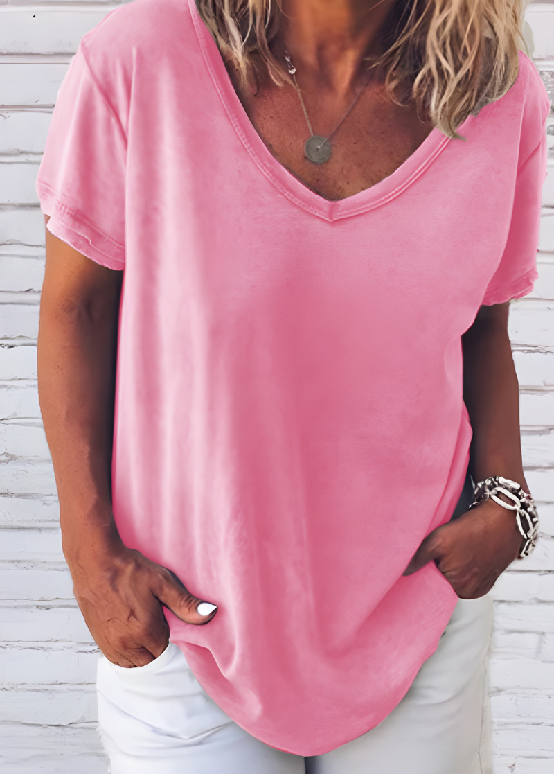 T-shirt Dam | V-ringning & Korta Ärmar | Lätt & Mjuk | Ljusgrå