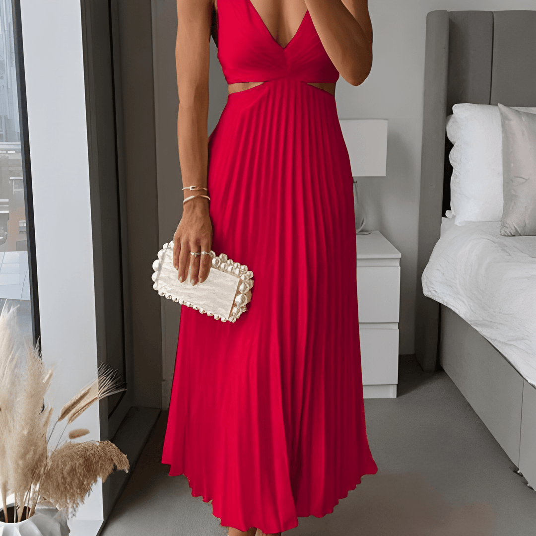 Klänning Maxi | Elegant Plisserad Maxiklänning | V-ringning | Festklänning