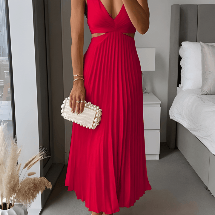 Klänning Maxi | Elegant Plisserad Maxiklänning | V-ringning | Festklänning
