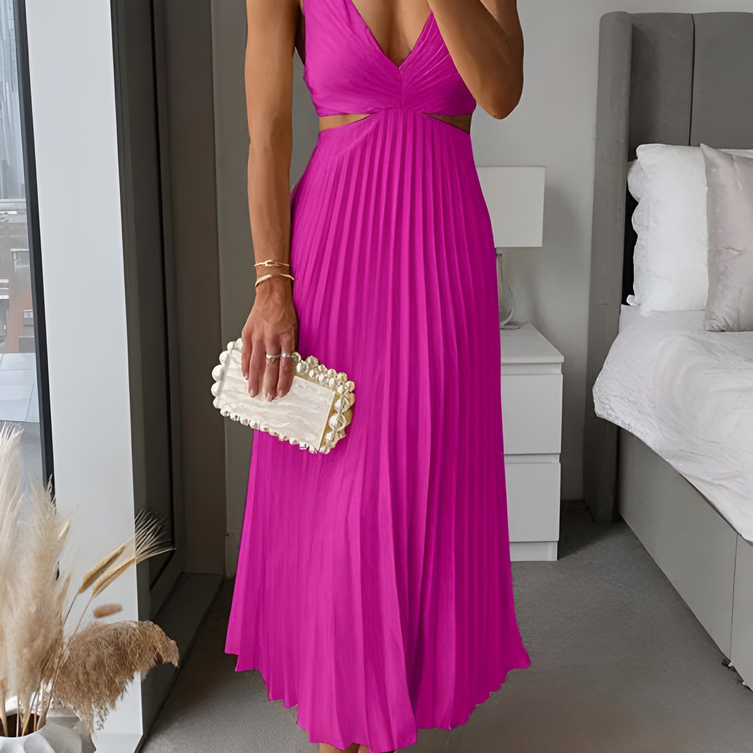Klänning Maxi | Elegant Plisserad Maxiklänning | V-ringning | Festklänning