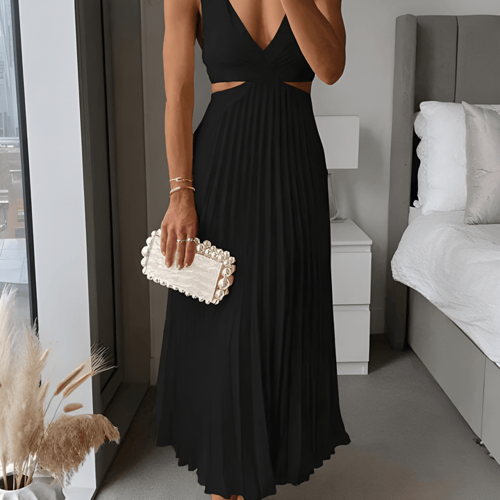 Klänning Maxi | Elegant Plisserad Maxiklänning | V-ringning | Festklänning