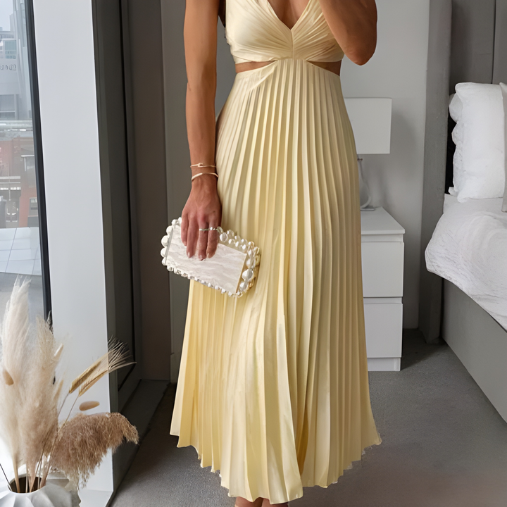 Klänning Maxi | Elegant Plisserad Maxiklänning | V-ringning | Festklänning