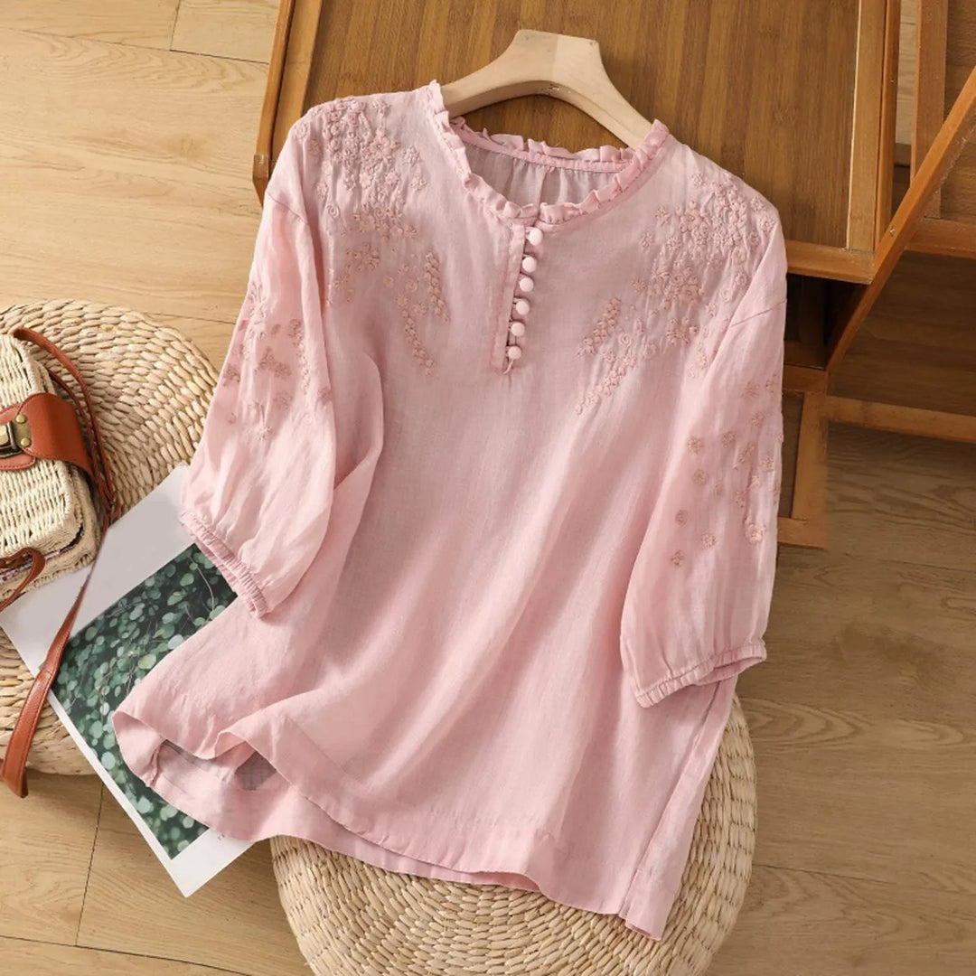 Dam Blus | Broderad | Knappar | Sommar