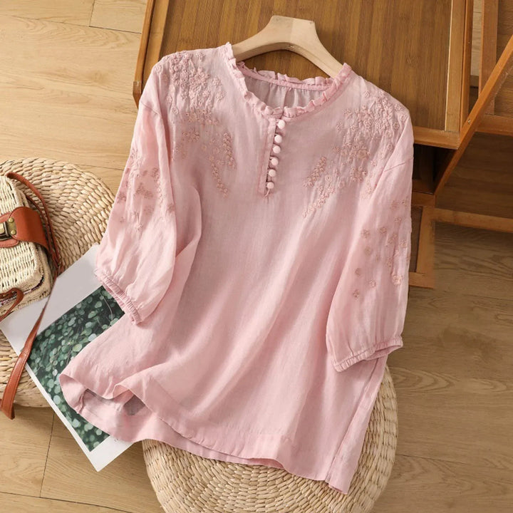 Dam Blus | Broderad | Knappar | Sommar