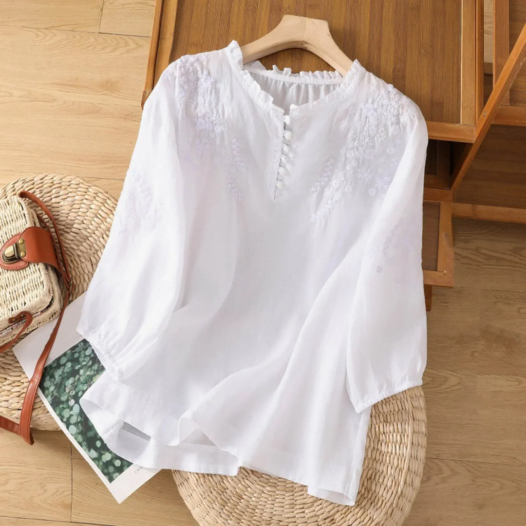 Dam Blus | Broderad | Knappar | Sommar