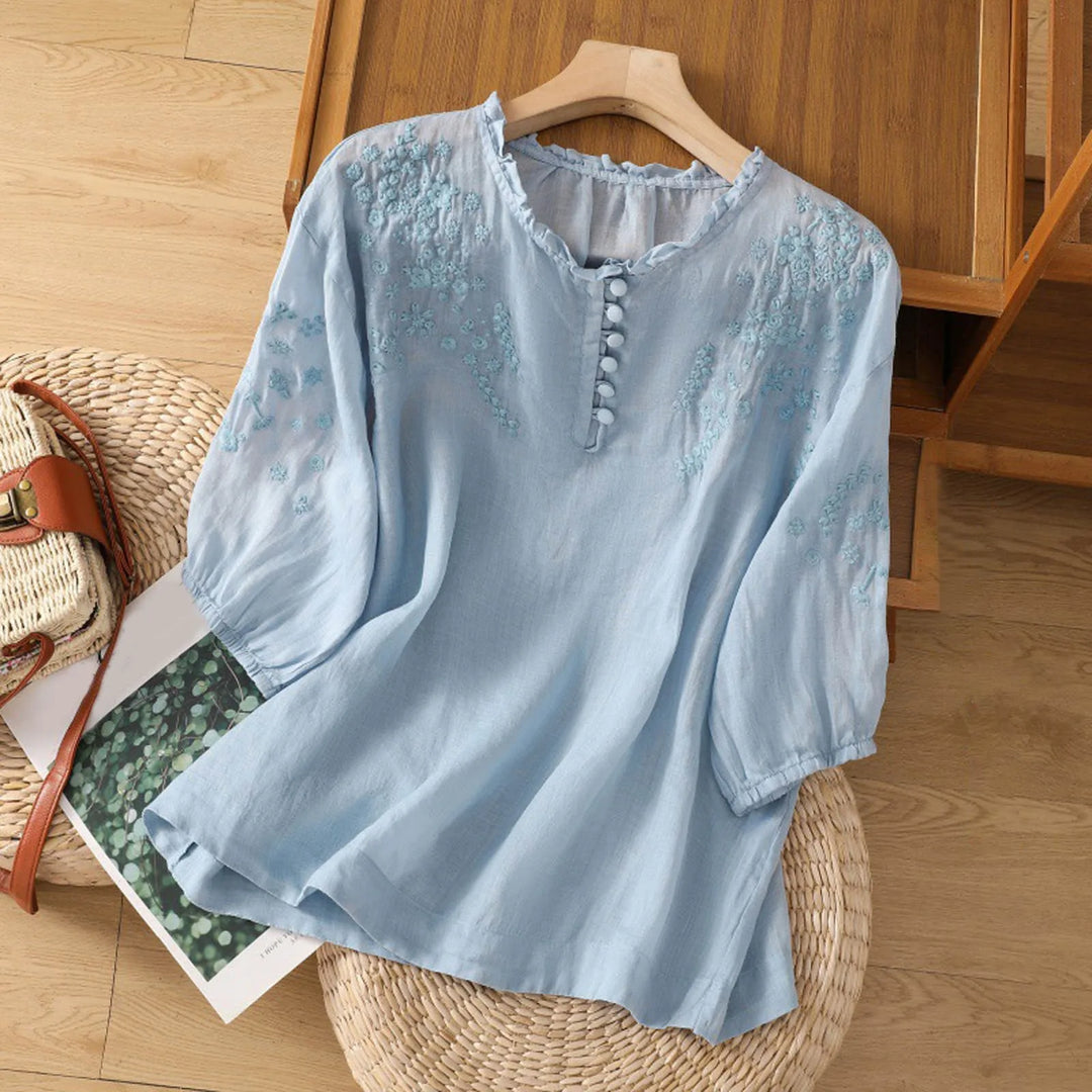 Dam Blus | Broderad | Knappar | Sommar