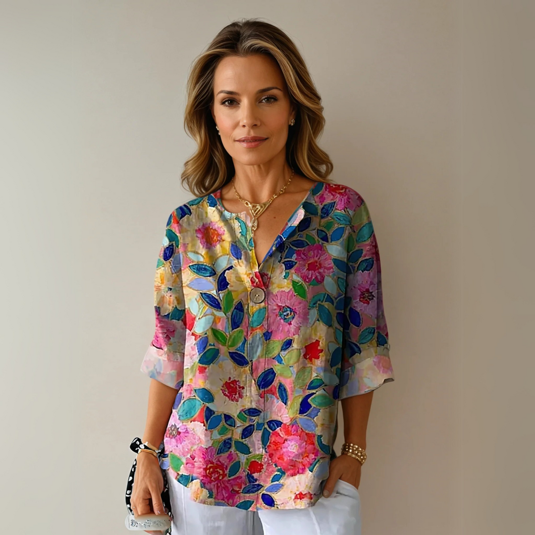 Dam Blus | Elegant Blommönster | Knoppsluten | Sommar