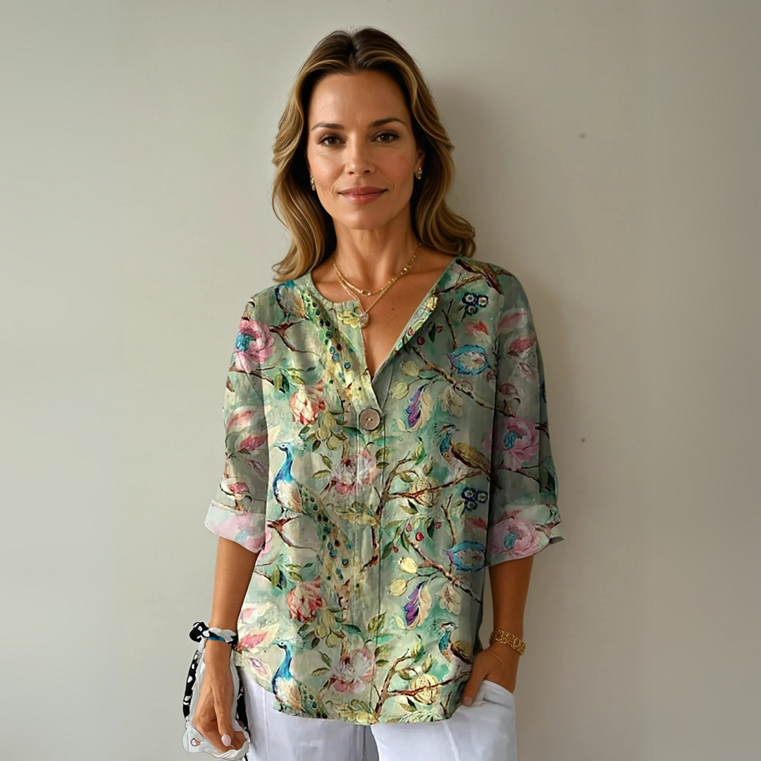 Dam Blus | Elegant Blommönster | Knoppsluten | Sommar