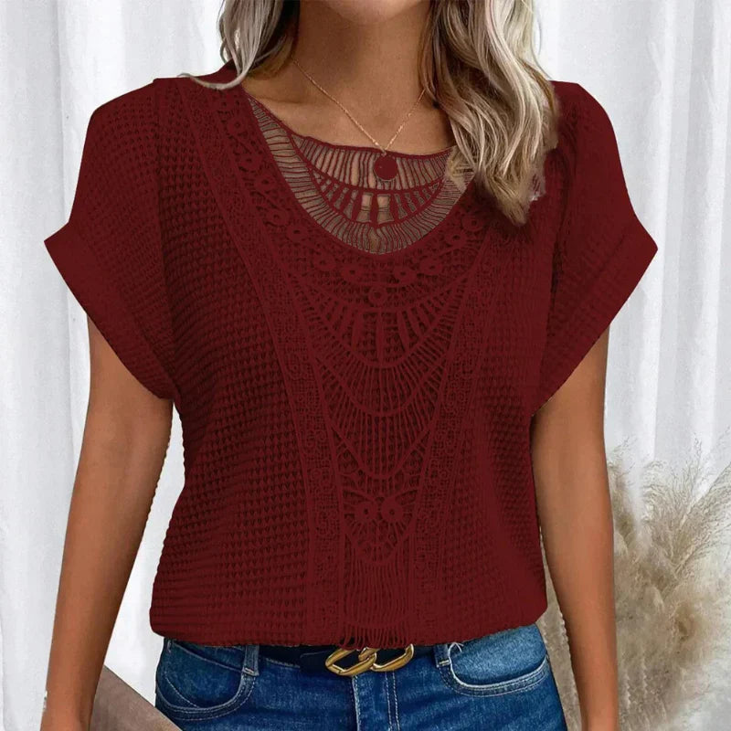 Dam Blus | Kort Ärmar | Broderad | Sommar