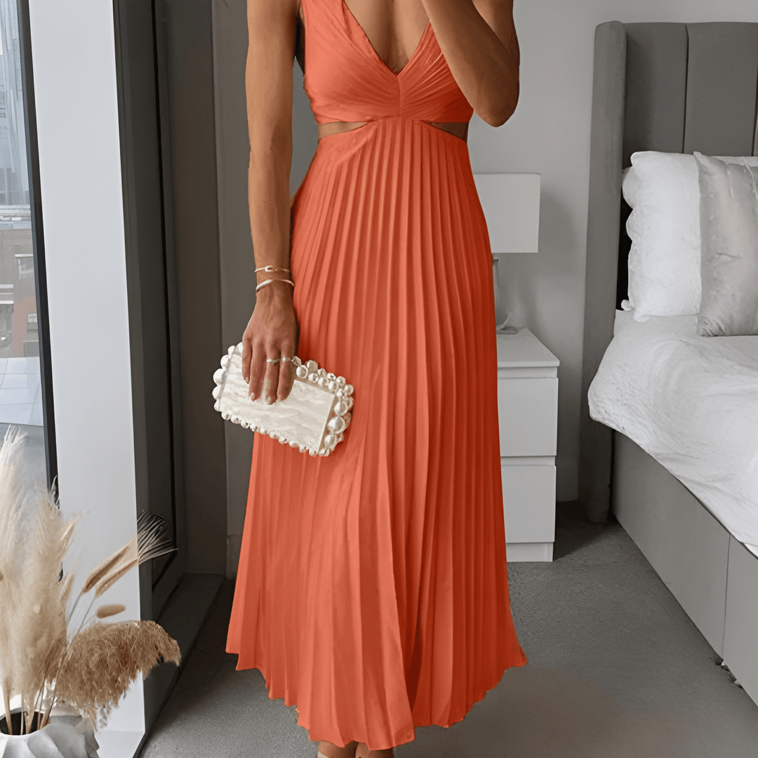 Klänning Maxi | Elegant Plisserad Maxiklänning | V-ringning | Festklänning