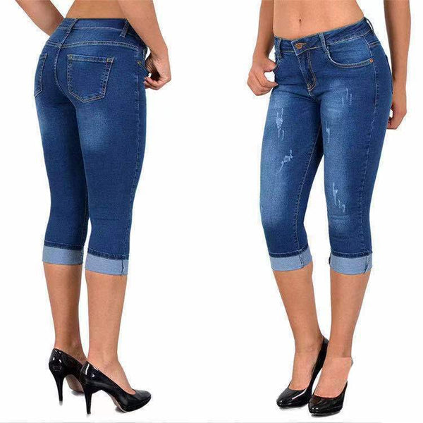 Denim Capri-byxor för kvinnor | Hög midja & rak passform | Stretchig och sommarstil