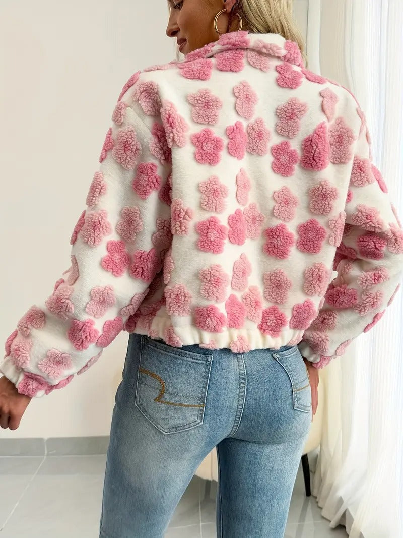 Damjacka | 3D-blommor & dragkedja | trendig ståkrage | alla årstider | modejacka i polyester