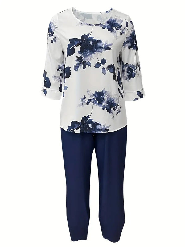 Damset | Elegant Heltäckande Mönster | Rund Halsringning | Lätt Polyester för Vår/Sommar