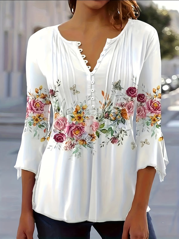 Blommig blus för kvinnor | Notch hals & knapp upp | luftig & feminin stil