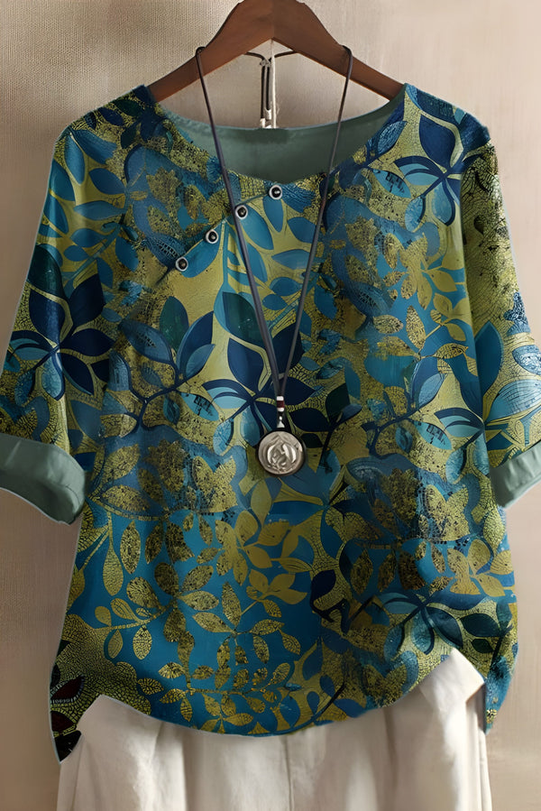 Damblus  | Retro bladmönster | Halv ärm och rund hals | Polyester