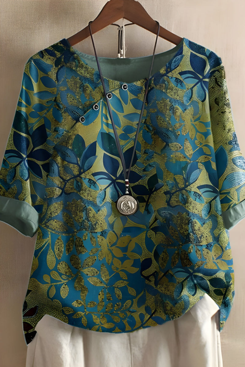 Damblus  | Retro bladmönster | Halv ärm och rund hals | Polyester