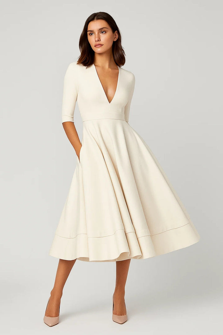 Dam Klänning | Elegant | V-ringad Halvlång Ärmar Midi | Sommar