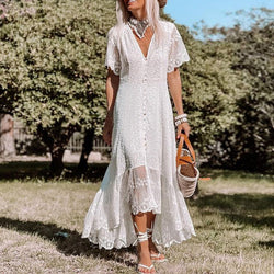 Boho Lace Maxiklänning | Broderad vit & V-hals | Brudtärna & strandstil