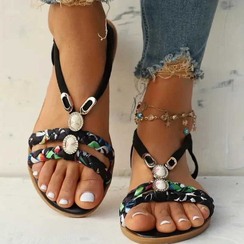 Kvinnor Sandaler | Boho Sommarstil | Mjuk Sula & Låg Kilklack | Blommig Design