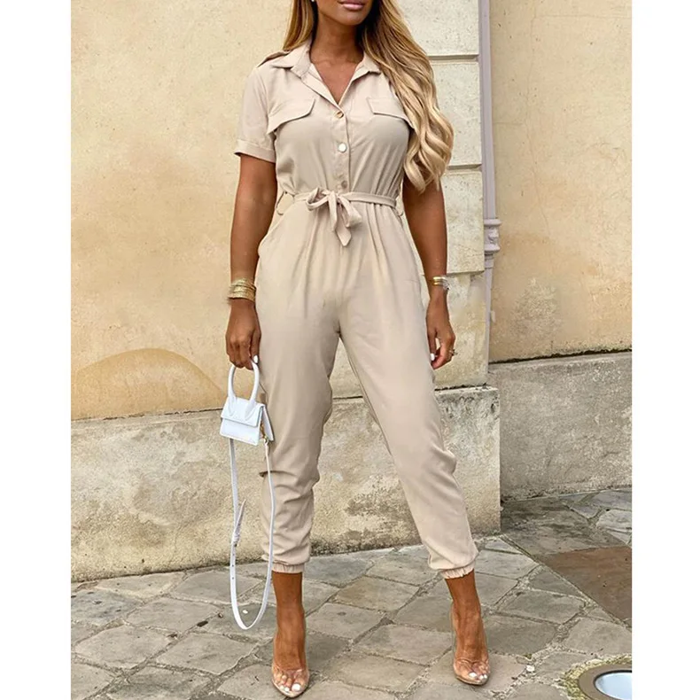 Jumpsuit för Dam | Kort Ärmsmodell med Krage | Elegant Passform & Bälte | Polyester
