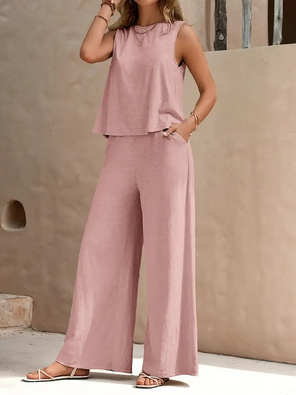 Bohemisk Strandoutfit | Avslappnad och Luftig | Mouwlös Top & Vida Byxor | Polyester för Sommar