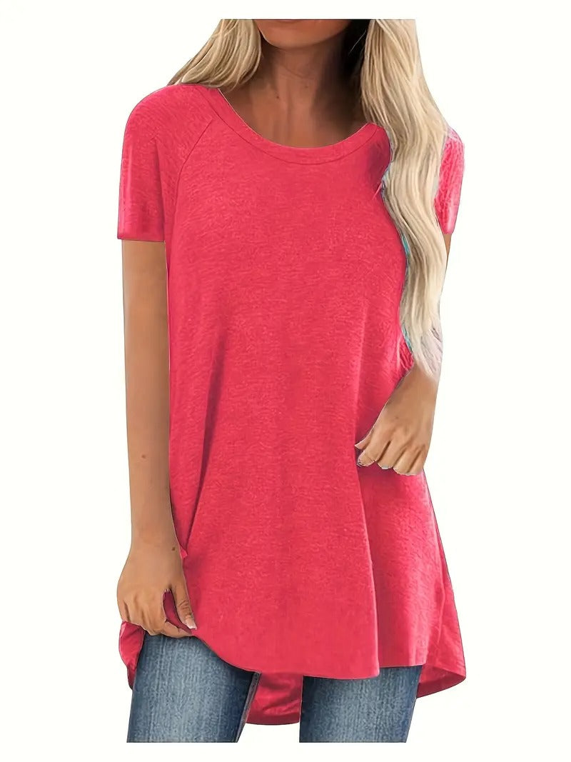 Dam T-shirt | Lång Modell & Rund Hals | Enfärgad Casual Topp med Korta Ärmar