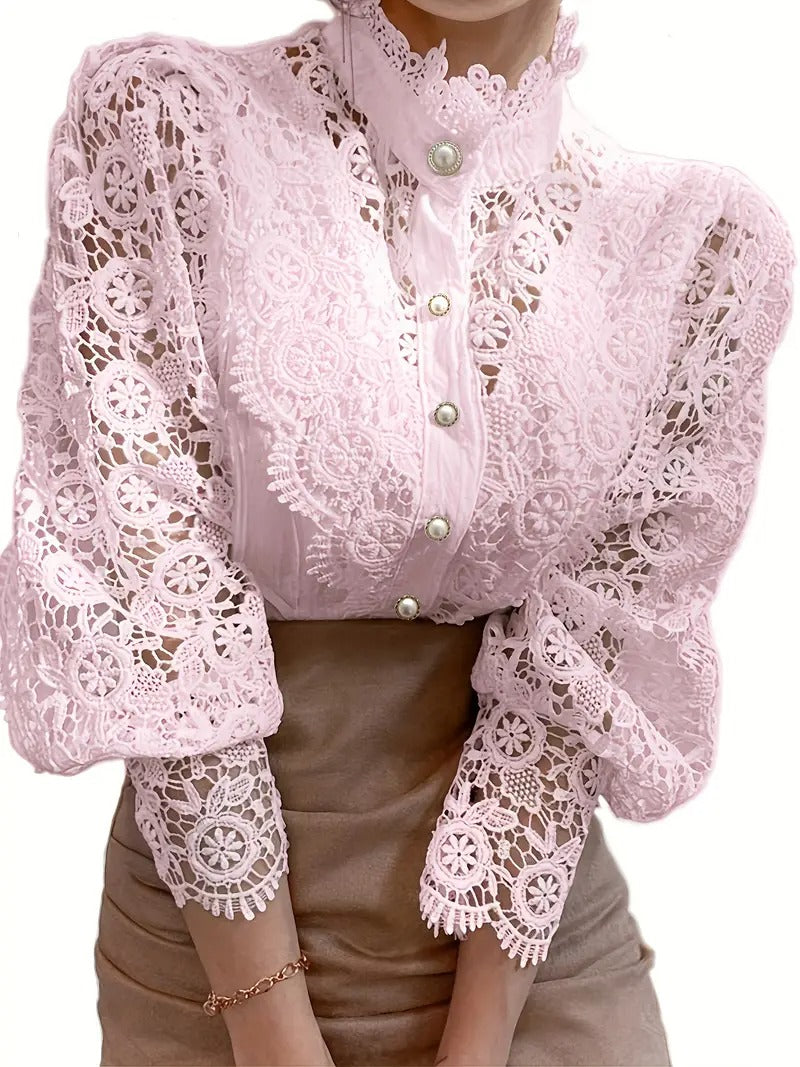 Dam Blus | Viktoriansk Stil | Pärlknappar & Spetsdetaljer | Elegant Långärmad Topp
