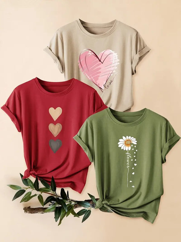 Dams Set | 3-delad T-shirt & Shorts | Retro Stil & Blommigt Tryck