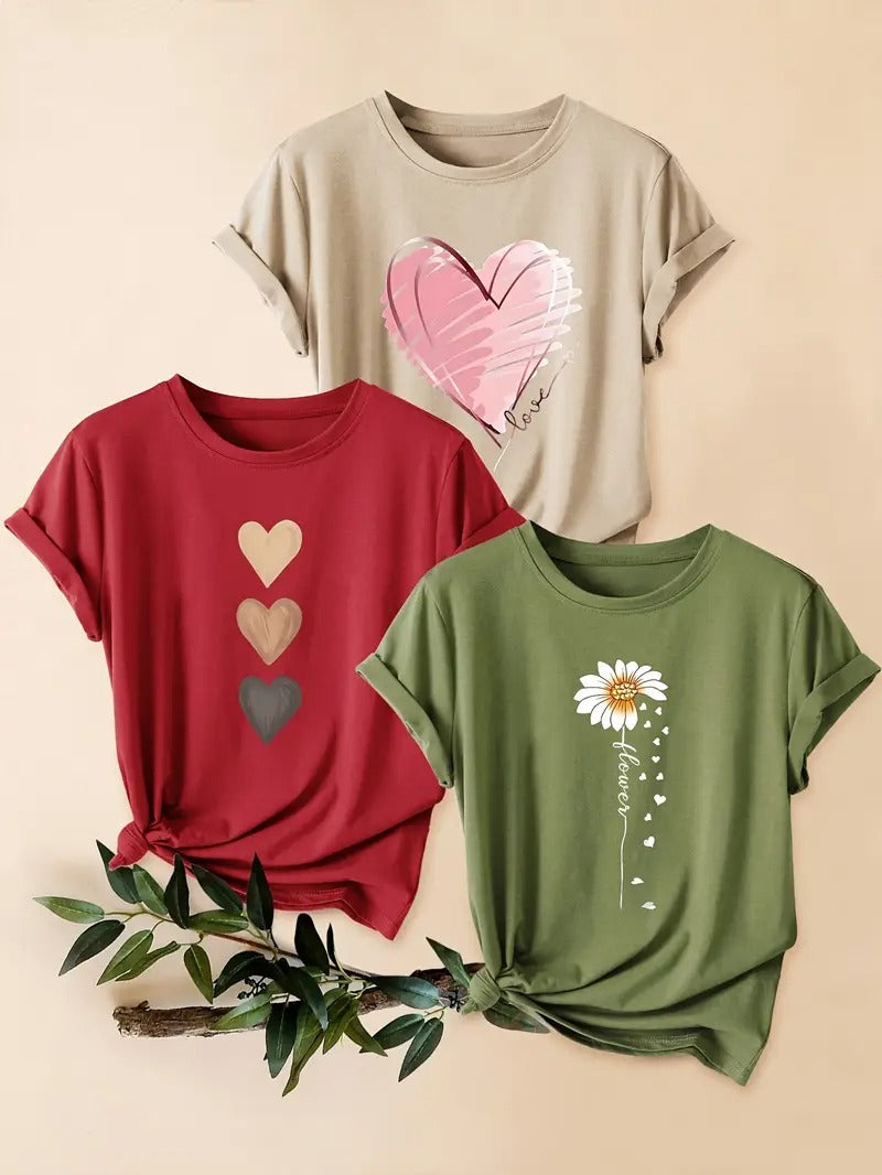 Dams Set | 3-delad T-shirt & Shorts | Retro Stil & Blommigt Tryck