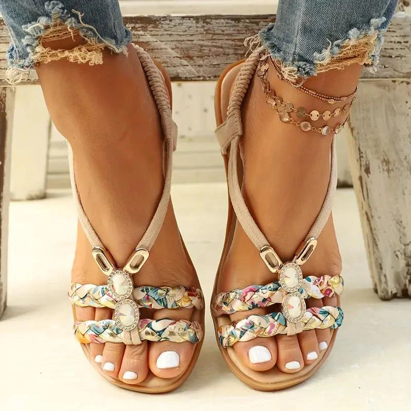 Kvinnor Sandaler | Boho Sommarstil | Mjuk Sula & Låg Kilklack | Blommig Design