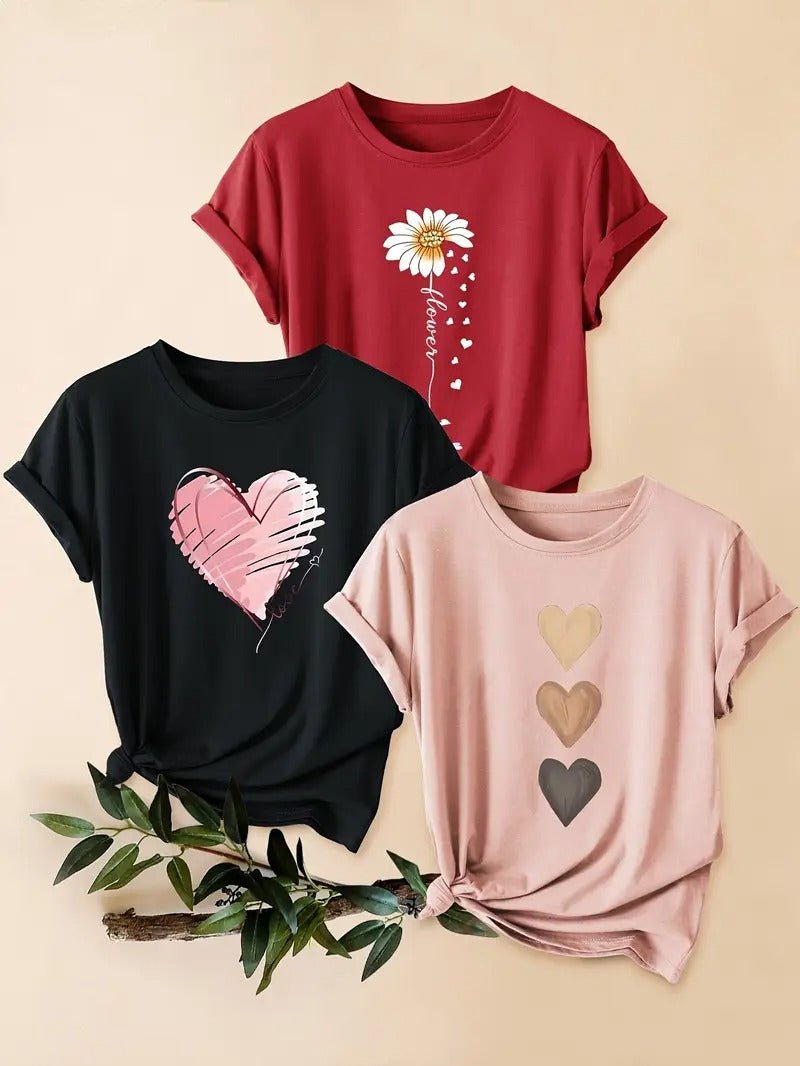 Dams Set | 3-delad T-shirt & Shorts | Retro Stil & Blommigt Tryck