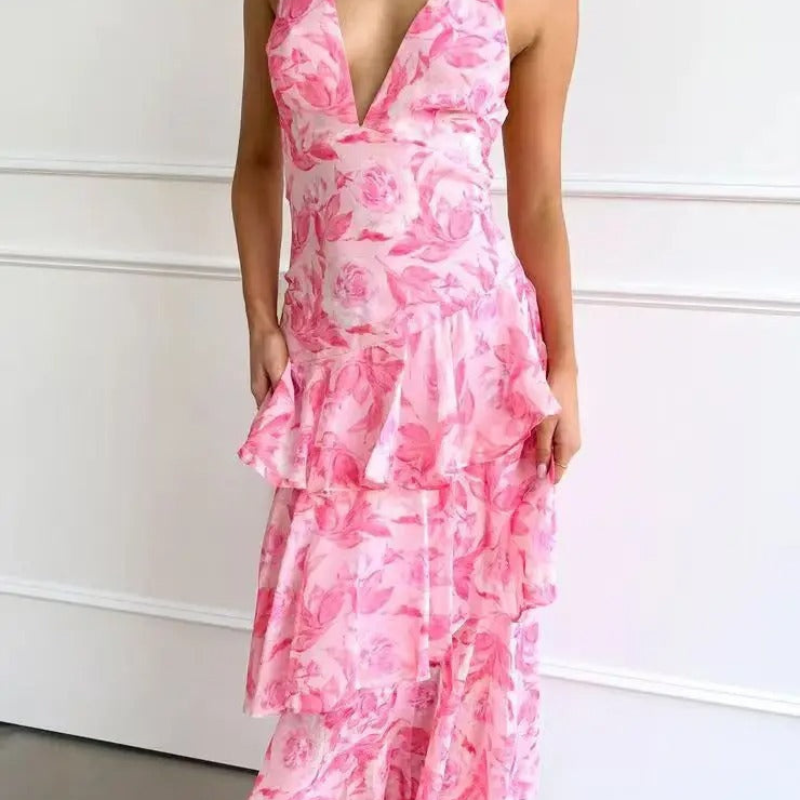 Klänning Maxi | Elegant Sommarklänning | Djup V-ringning | Volangkjol
