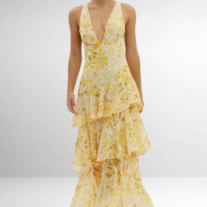 Klänning Maxi | Elegant Sommarklänning | Djup V-ringning | Volangkjol