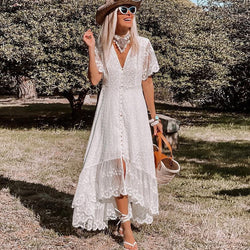 Boho Lace Maxiklänning | Broderad vit & V-hals | Brudtärna & strandstil