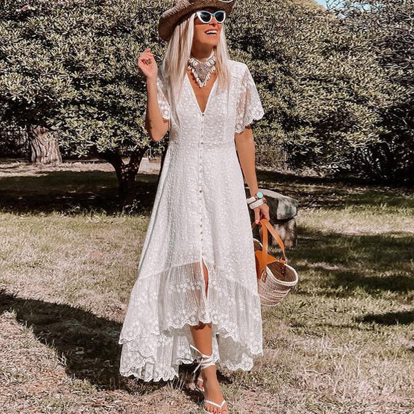 Boho Lace Maxiklänning | Broderad vit & V-hals | Brudtärna & strandstil