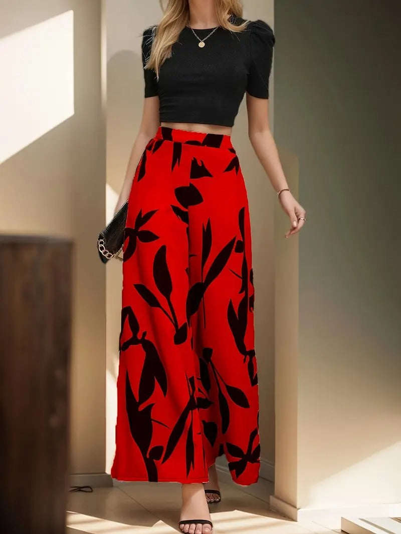 Damset | Elegant Tvådelat Set med Blus & Vida Byxor | Effen Design & Bladprint