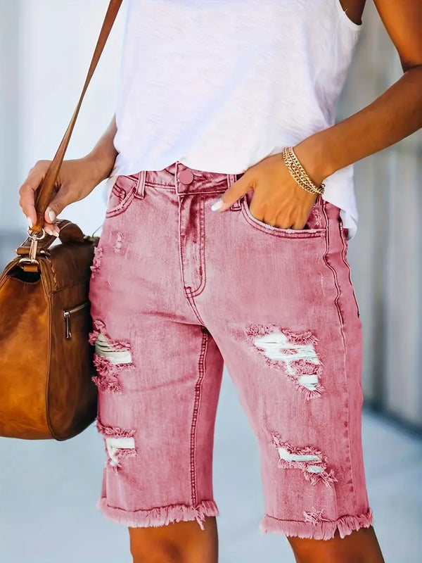 Dams Denim Shorts | Höga Midja & Rå Kant | Rivna Detaljer | Zomermode