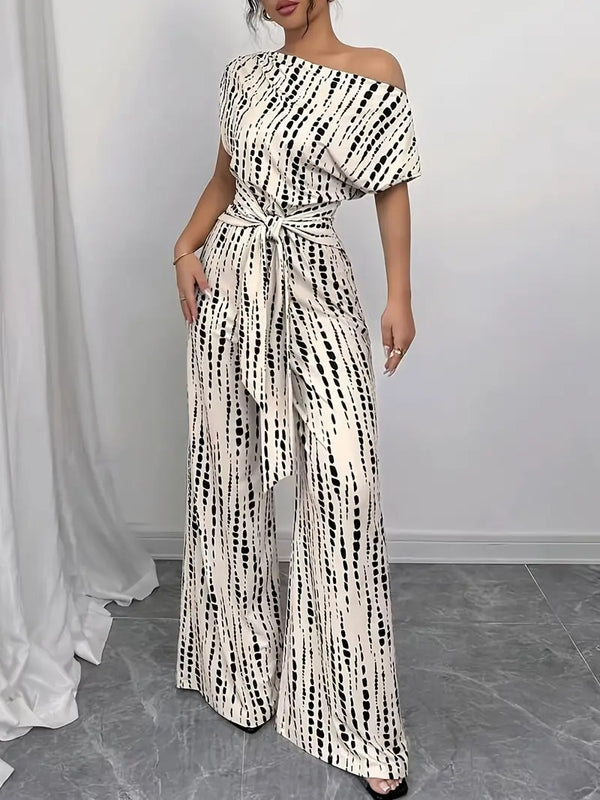 Jumpsuit för kvinnor | Off-Shoulder med prickar & vida ben | rosett i midjan & sommardesign