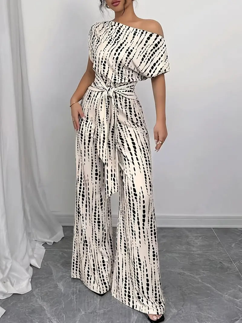Jumpsuit för kvinnor | Off-Shoulder med prickar & vida ben | rosett i midjan & sommardesign